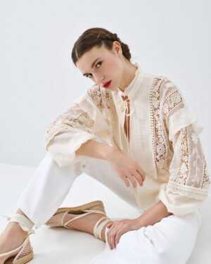 Vanilla Cream Crochet Lace Long-Sleeved Blouse