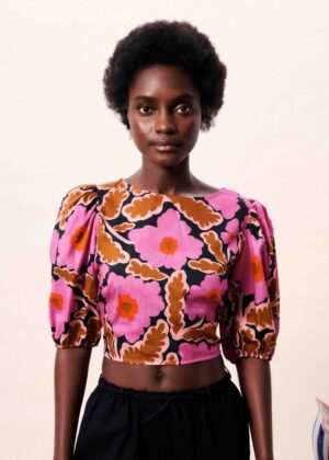 Fuchsia Floral-Print Cropped Top with Open Back