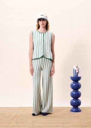 Green & White Vertical-Striped Knit Trousers
