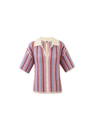 Vanilla, Pink, Blue & Brick Red Geometric Print Polo Knit Top