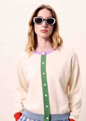 Vanilla Fine-knit Cardigan with Lavender, Green & Red Trim