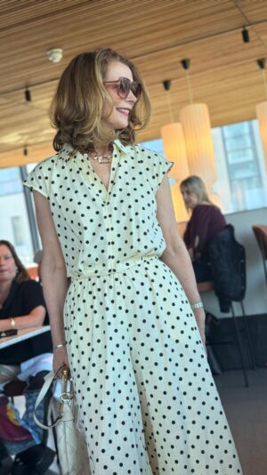 Buttercream & Black Polkadot Sleeveless Shirt with Gathered Hem