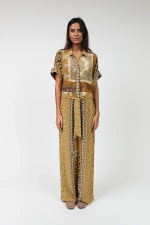 Gold & Tan Patchwork Print Silky Jumpsuit