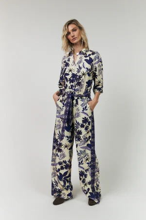 Vanilla & Purple Floral Print High-Waisted Trousers with Embroidered Fabric Belt