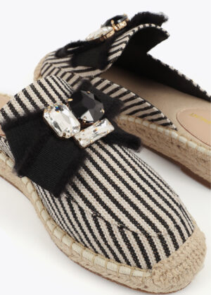 Black & Ecru Striped Flat Slide with Raffia-Effect Sole & Jewel Embellishment