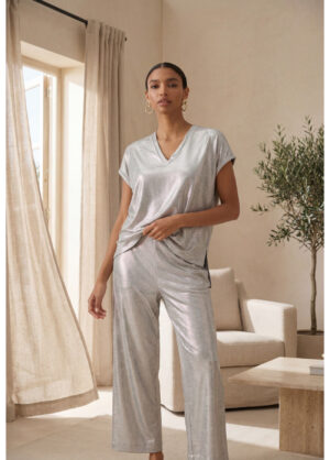 Grey Metallic Silk Jersey Trousers