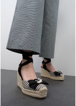 Black & Ecru Striped Espadrille with Jewel Embellishment