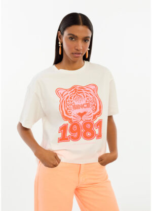 White T-Shirt Red Tiger Face '1981' Embellishment