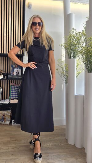 Black Taffeta Midi Dress with Ruched Waist