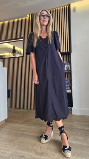 Black Midi Dress with Scalloped Trim & Pockets