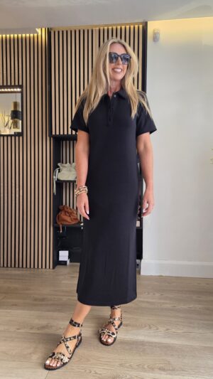 Black Neoprene Polo Maxidress with Side Slits