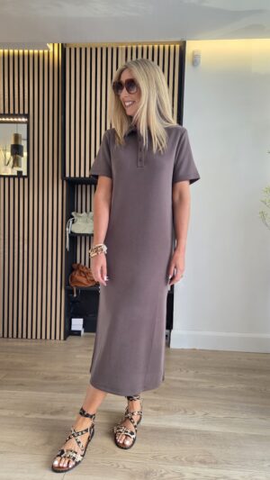 Choco Neoprene Polo Maxidress with Side Slits