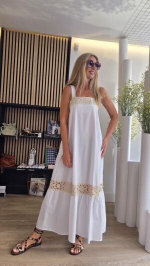 White Cotton Maxidress with Vanilla Crochet Insert