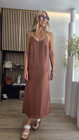 Terracotta Midi Slip Dress with Gold Strap