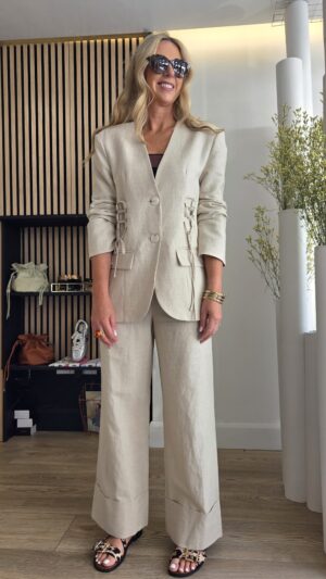 Oatmeal Linen-Effect Wide-Leg Trousers