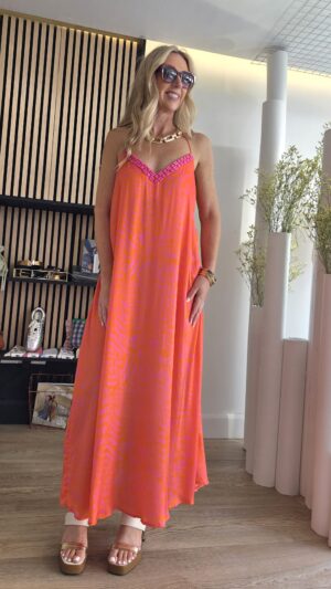 Coral & Fuchsia Strappy Maxidress with Beading