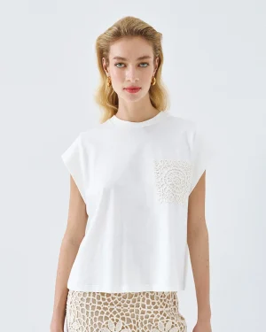 White T-Shirt with Vanilla Crochet Patch & Ribbed Shoulder