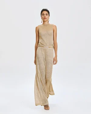 Gold Knit Wide-Leg Trousers with Subtle Sequins