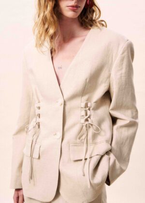 Oatmeal Linen-Effect Over-Sized Blazer with Front Lace-Up Detail