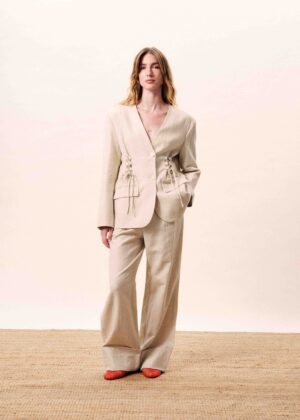 Oatmeal Linen-Effect Wide-Leg Trousers
